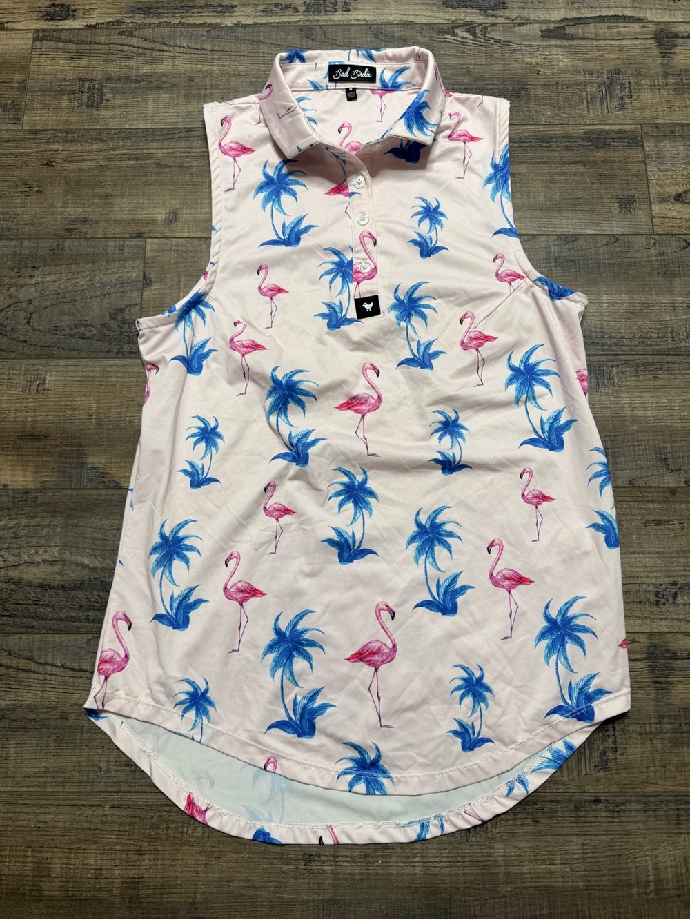 Bad Birdie Pink and Blue Flamingo Polo Women's Size Medium